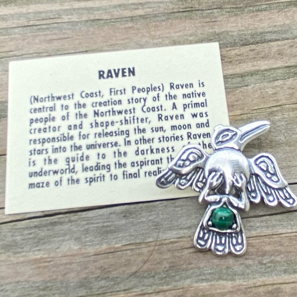 Raven Pendant .925 Sterling Silver w/ genuine Malachite gemstone USA - Picture 8 of 13